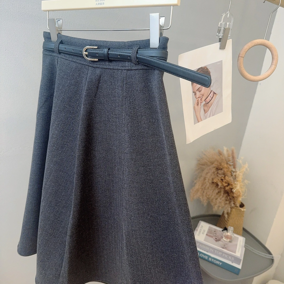 丨秋冬新款韩版灰色设计感时尚百搭高腰气质半身裙 5089