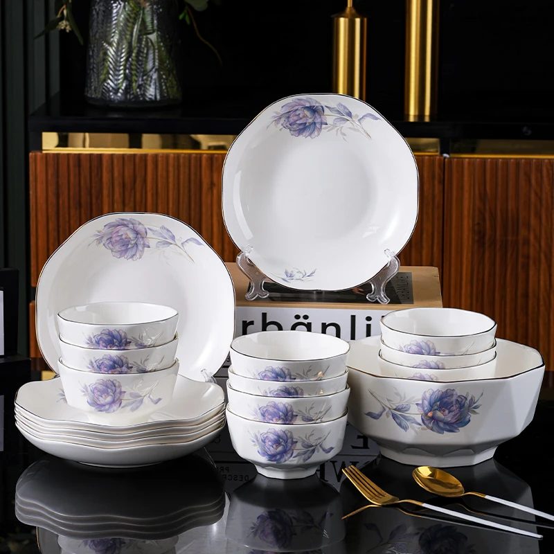 金边蓝色妖姬18件套轻奢高档家用简约中式欧式描金骨瓷碗
