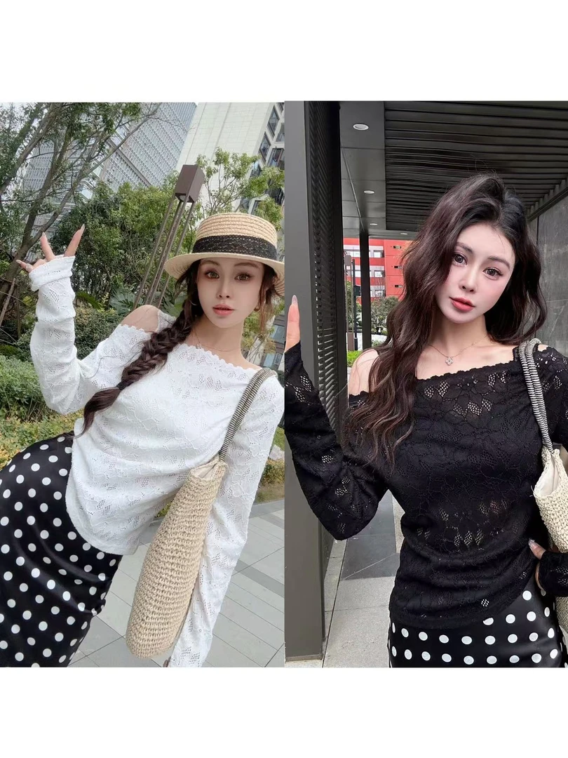1SY14依美丁时尚百搭平领/可斜肩蕾丝弹力长袖上衣