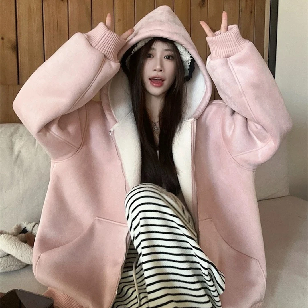 女士淡蓝色鹿皮绒加绒加厚冬季外套慵懒风百搭韩版连帽时尚套装