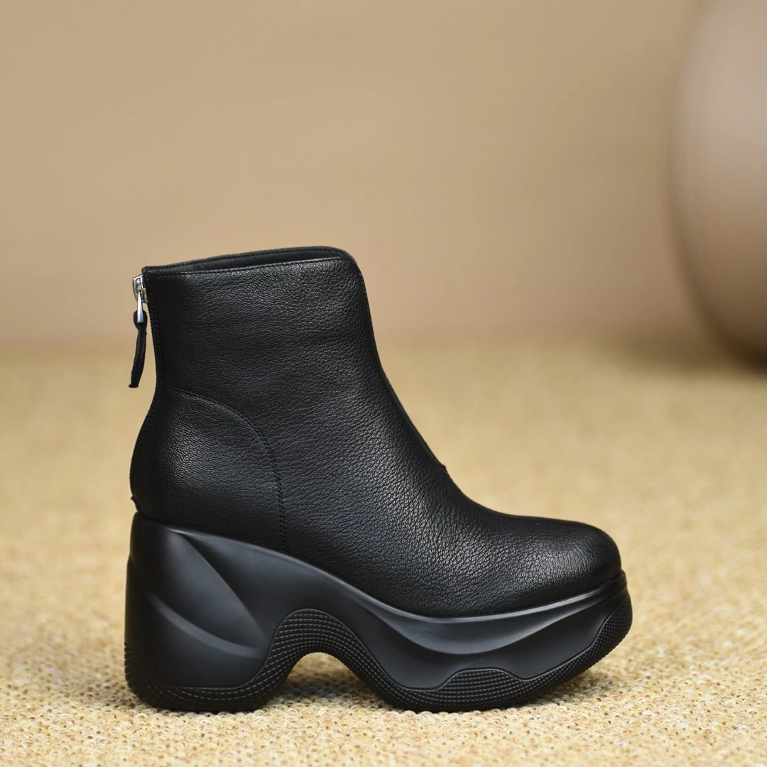 9cm通勤百搭坡跟短靴女秋冬加绒防水台厚底高跟靴子软羊皮马丁靴