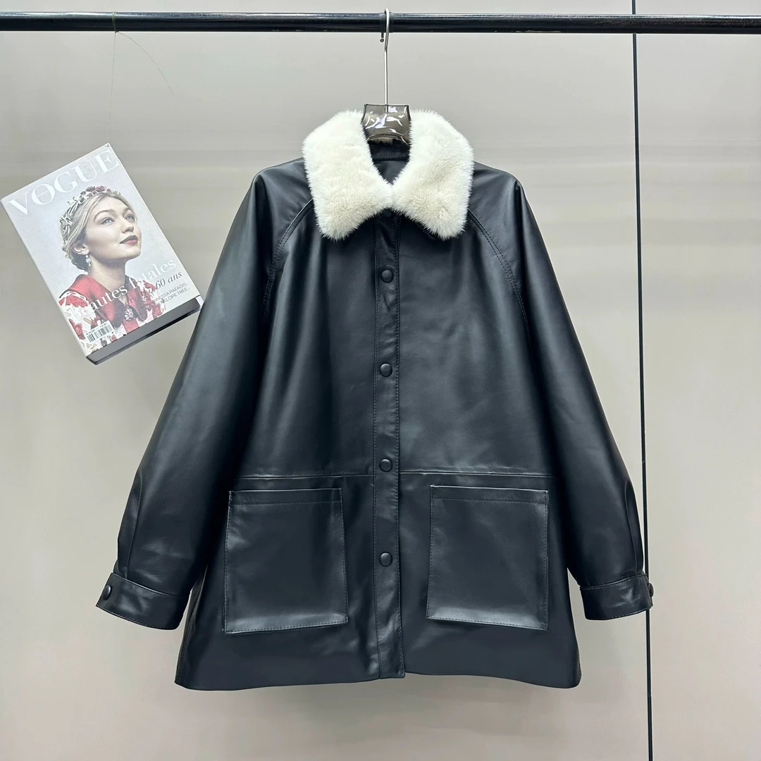 真皮时尚皮衣女绵羊皮水貂毛领休闲宽松韩版中长款保暖羽绒服外套