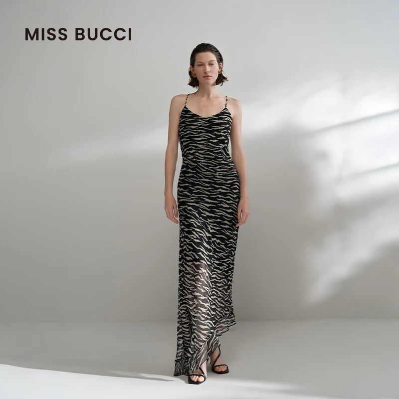 MISS BUCCI25春夏女士桑蚕丝露背交叉肩带性感吊带斑马纹连衣裙