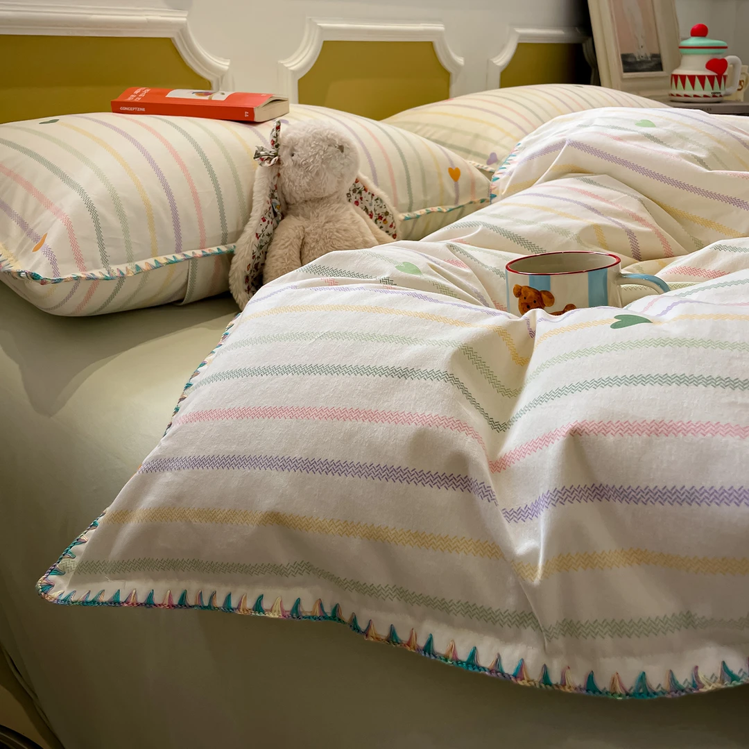 多巴胺贝壳边弦音加厚磨毛床上四件套纯棉100%全棉被套床单床笠款