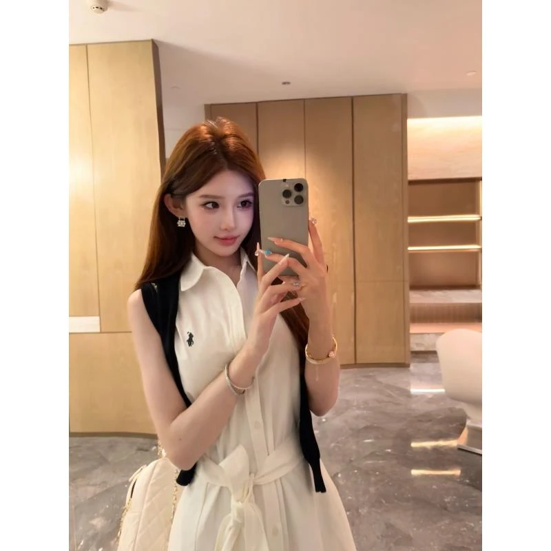 初恋千金老钱风无袖衬衫连衣裙气质小白裙女士显高纯欲小马刺绣