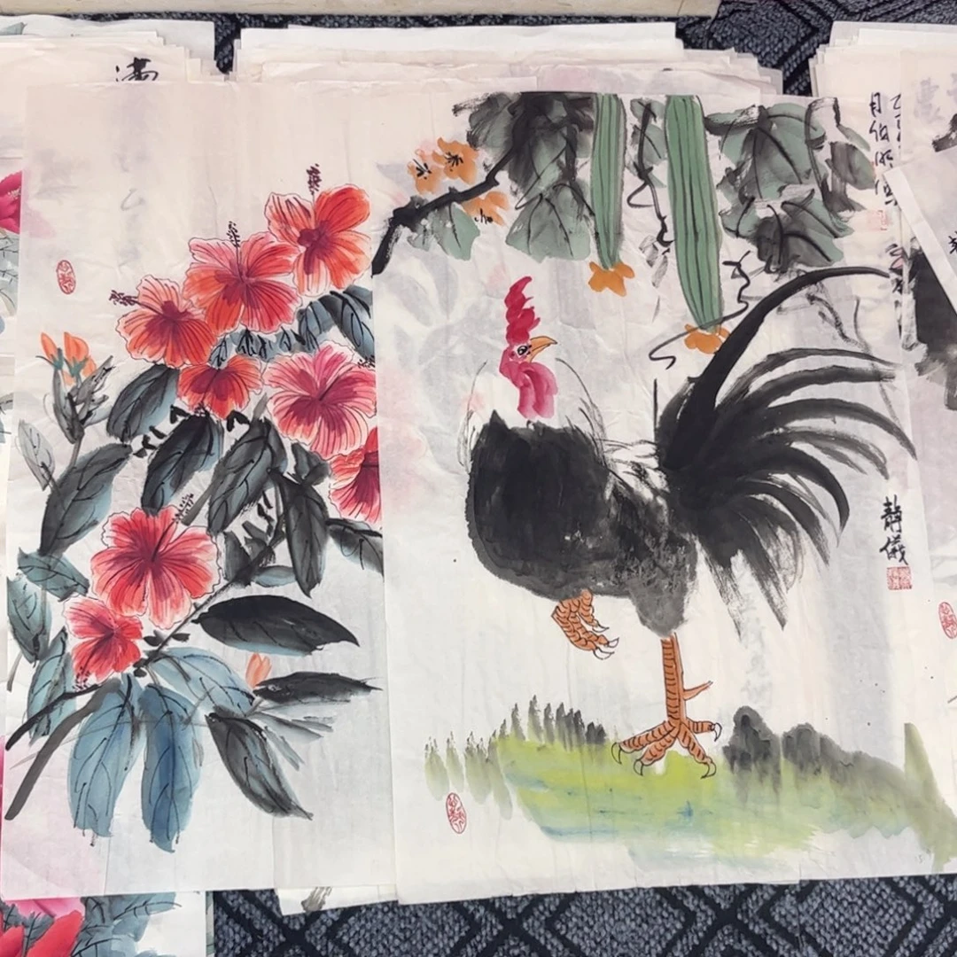 国画静怡老师四尺三开花鸟旭2