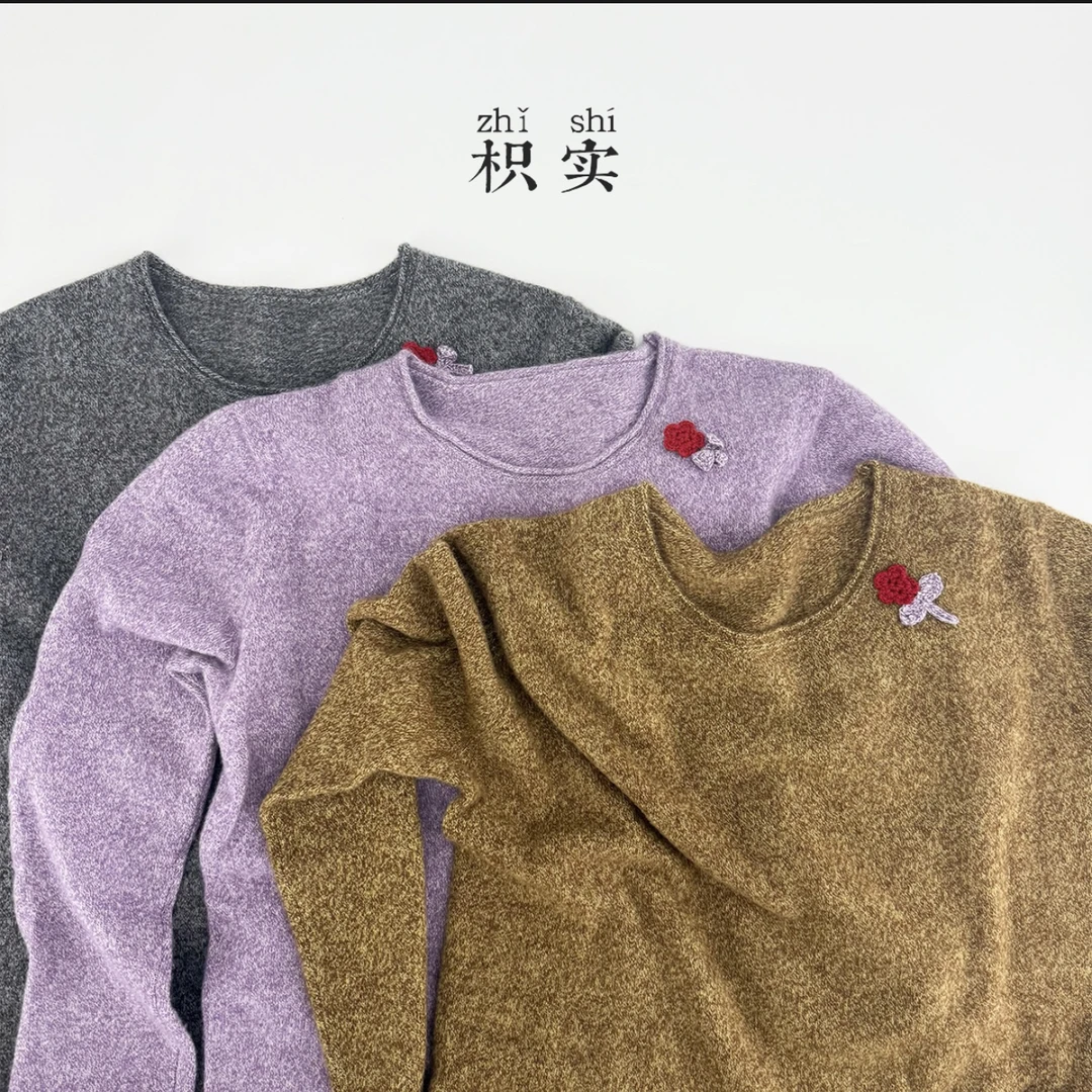 100山羊绒打底衫手工编织花朵点缀装饰毛衣圆领套头