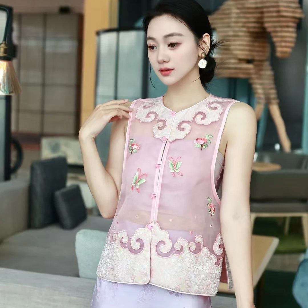 深圳高货桑蚕丝重工刺绣夏季防晒马甲女新中式国风