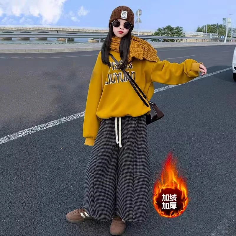 女童加绒卫衣秋冬2025新款女大童冬季加厚打底衫冬装毛呢裤子套装