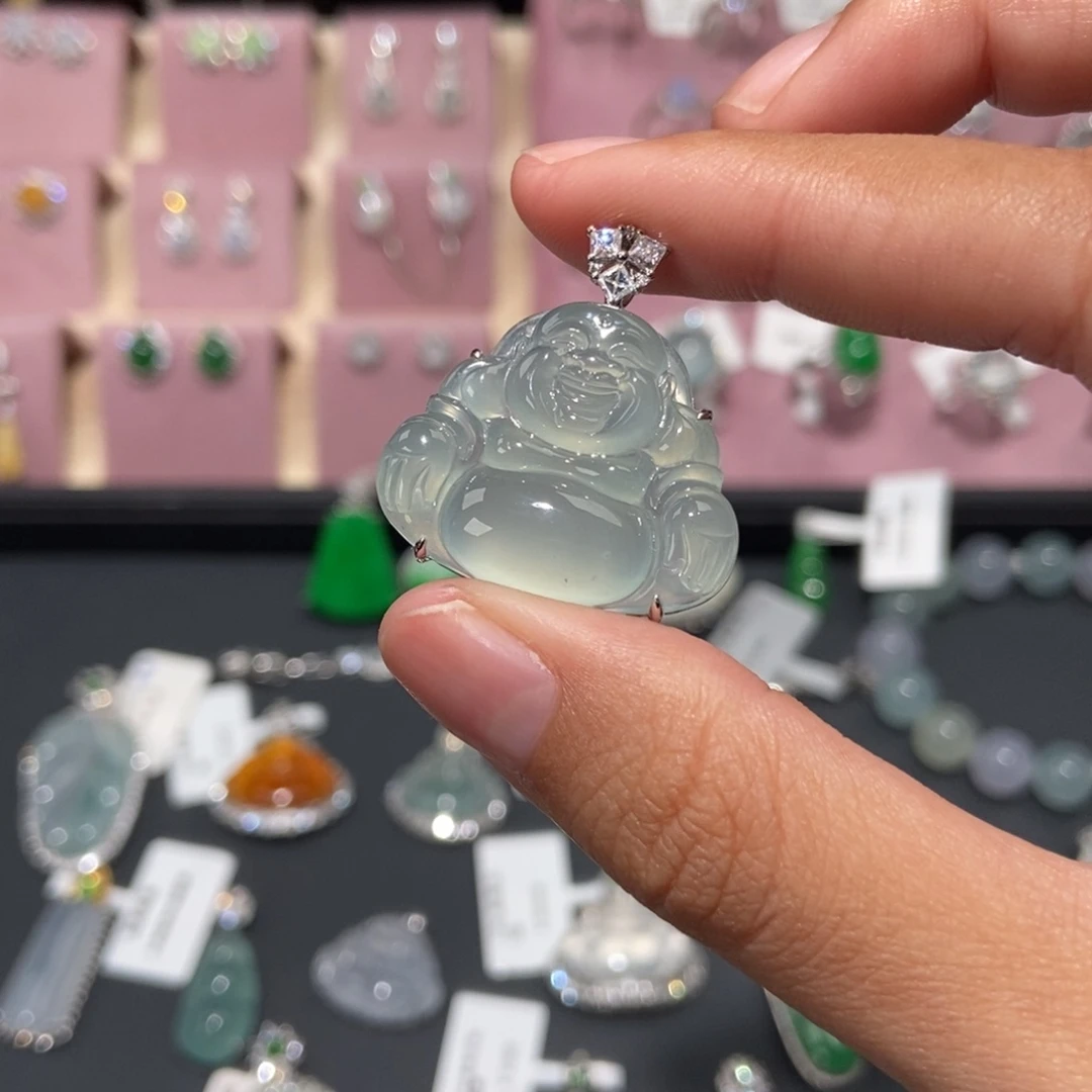 翡翠18K金镶嵌颈饰纯天然缅甸翡翠A货佛公