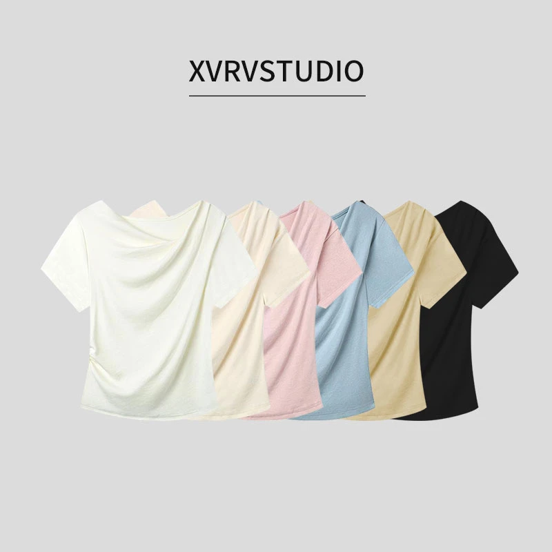 XVRV纯色不规则荡领褶皱收腰T恤女2025夏季正肩修身显瘦纯欲上衣