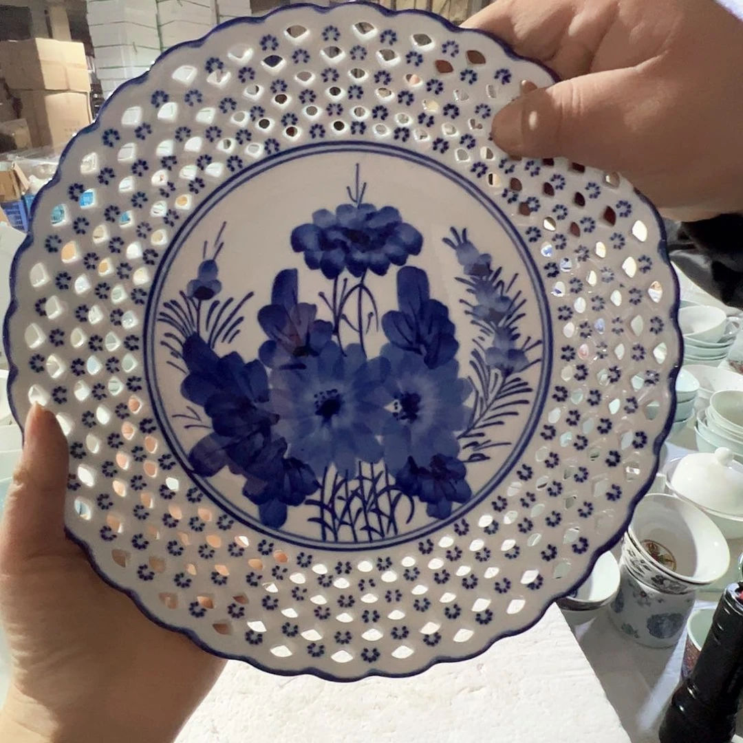 瓷景德镇高温陶瓷青花荷花果盘