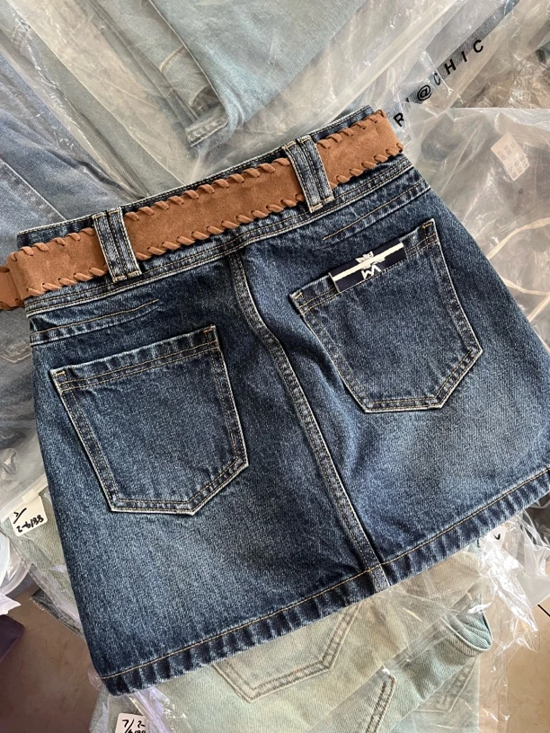 夏季新款酷辣妹街头风时髦腰带包臀显瘦a字牛仔半身短裙