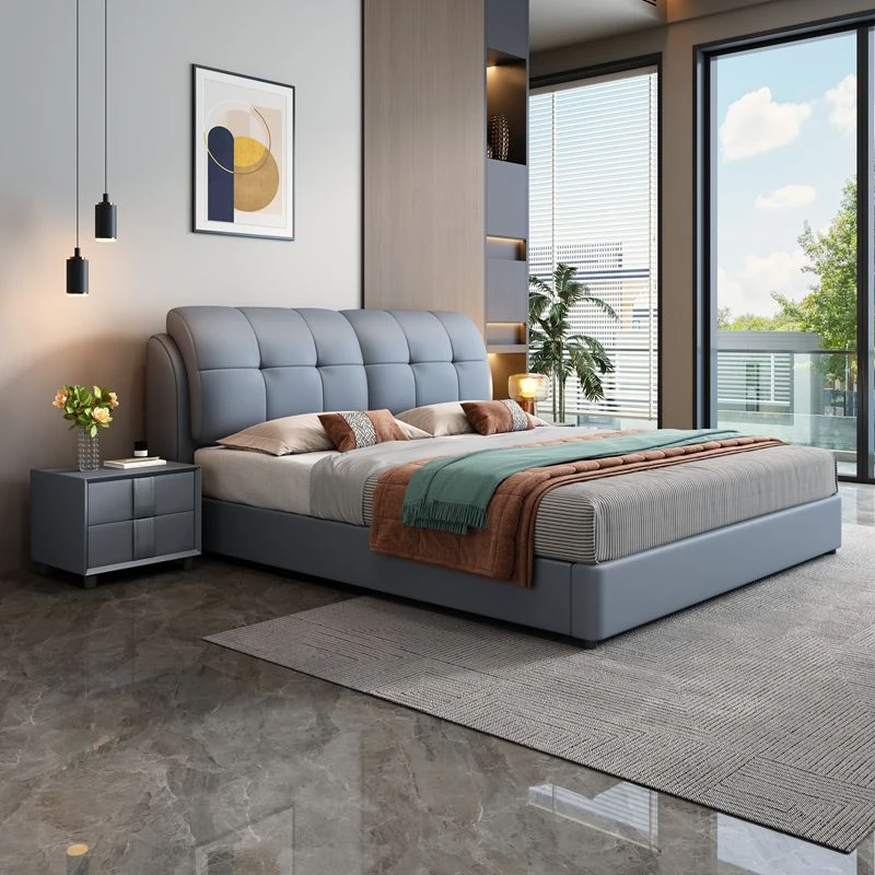 轻奢现代简约真皮床主卧高端大气软包婚床1.5米1.8科技布艺双人床