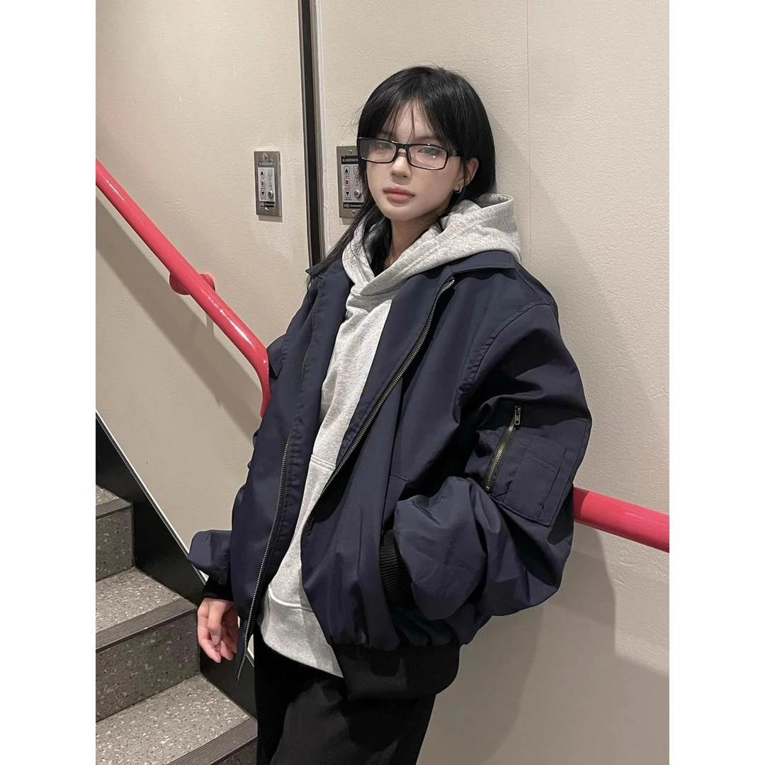 SAIW藏蓝色美式飞行员夹克男女秋季高级感痞帅情侣翻领棒球服外套