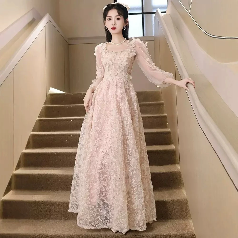 粉色晚礼服女2025新款高级感小众成人礼法式气质主持人小个子长裙