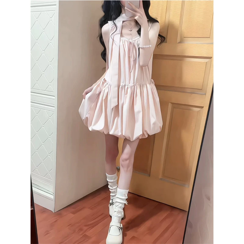 夏日漂亮粉色背心连衣裙女2025夏季圆领抽绳收腰流行时尚潮牌女装