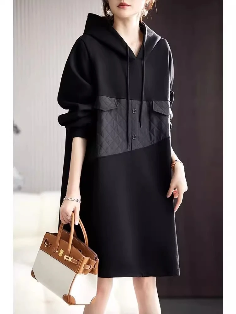 卫衣裙女2025秋季新款中长款极简风拼接高级感好看设计感裙子