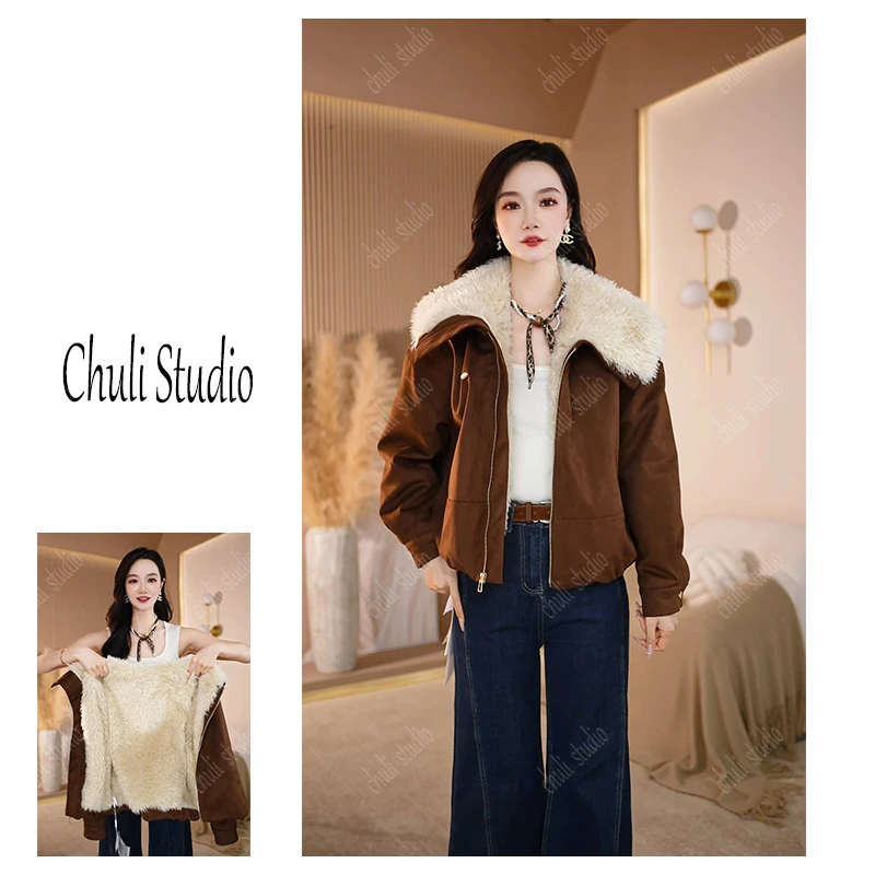 【ChuLi】2025新款美拉德复古酷飒风咖色短款工装夹克外套女秋冬季