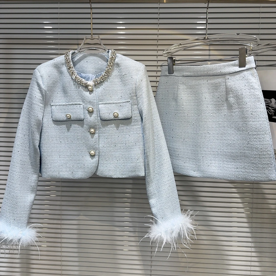 【小美】大码女装秋季新款小香风领毛毛袖短外套+半身裙套装13305