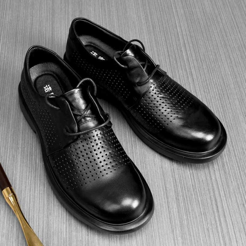 2025夏季新款男鞋透气镂空皮鞋真皮厚底软皮打孔鞋商务休闲皮凉鞋