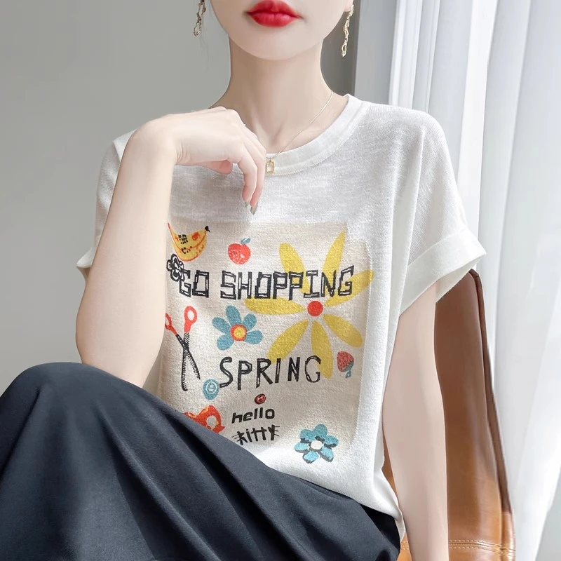 竹节麻针织短袖t恤女圆领2025新款夏季时尚太阳花体恤薄打底上衣