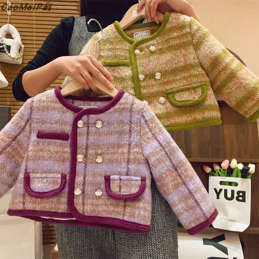 78166女童秋冬外套小香风新款夹棉加厚粗花呢子小女孩冬季外套