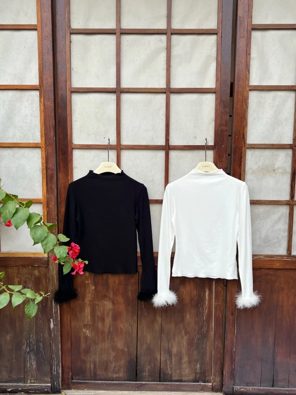 【氛围感内搭】76939 毛毛拼接高领长袖T恤加绒保暖显瘦打底衫上衣