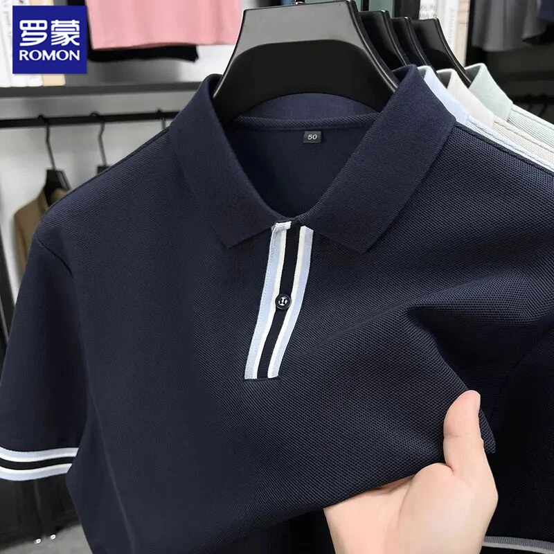 罗蒙潮流短袖T恤宽松棉质条纹撞色纯色半袖POLO衫夏季新款高档上