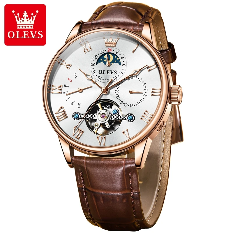 欧利时手表月相玫瑰金镂空正品夜光防水男士全自动机械表腕表7009