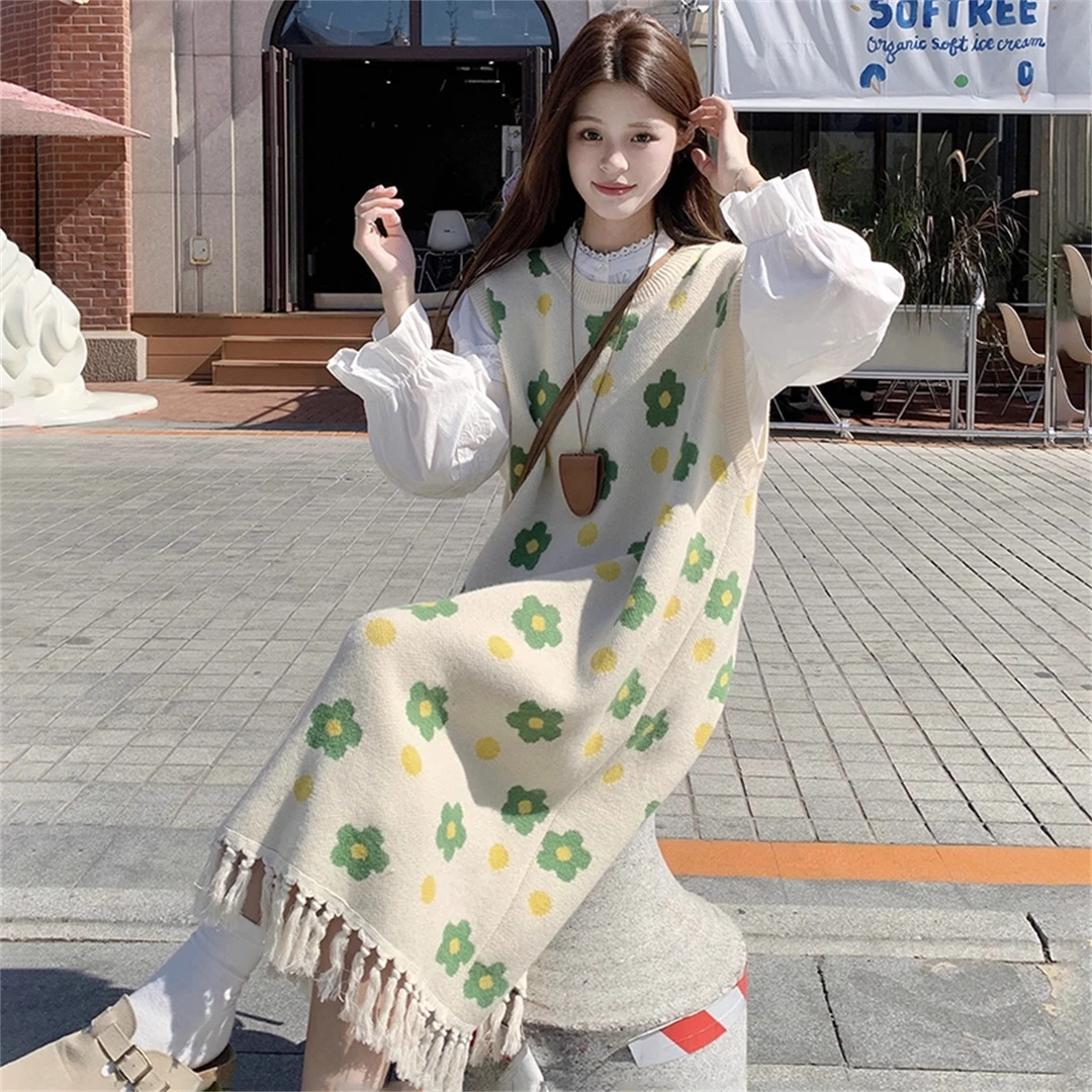 流苏碎花针织背心连衣裙女秋季大码胖MM显瘦宽松遮肉大衣内搭长裙