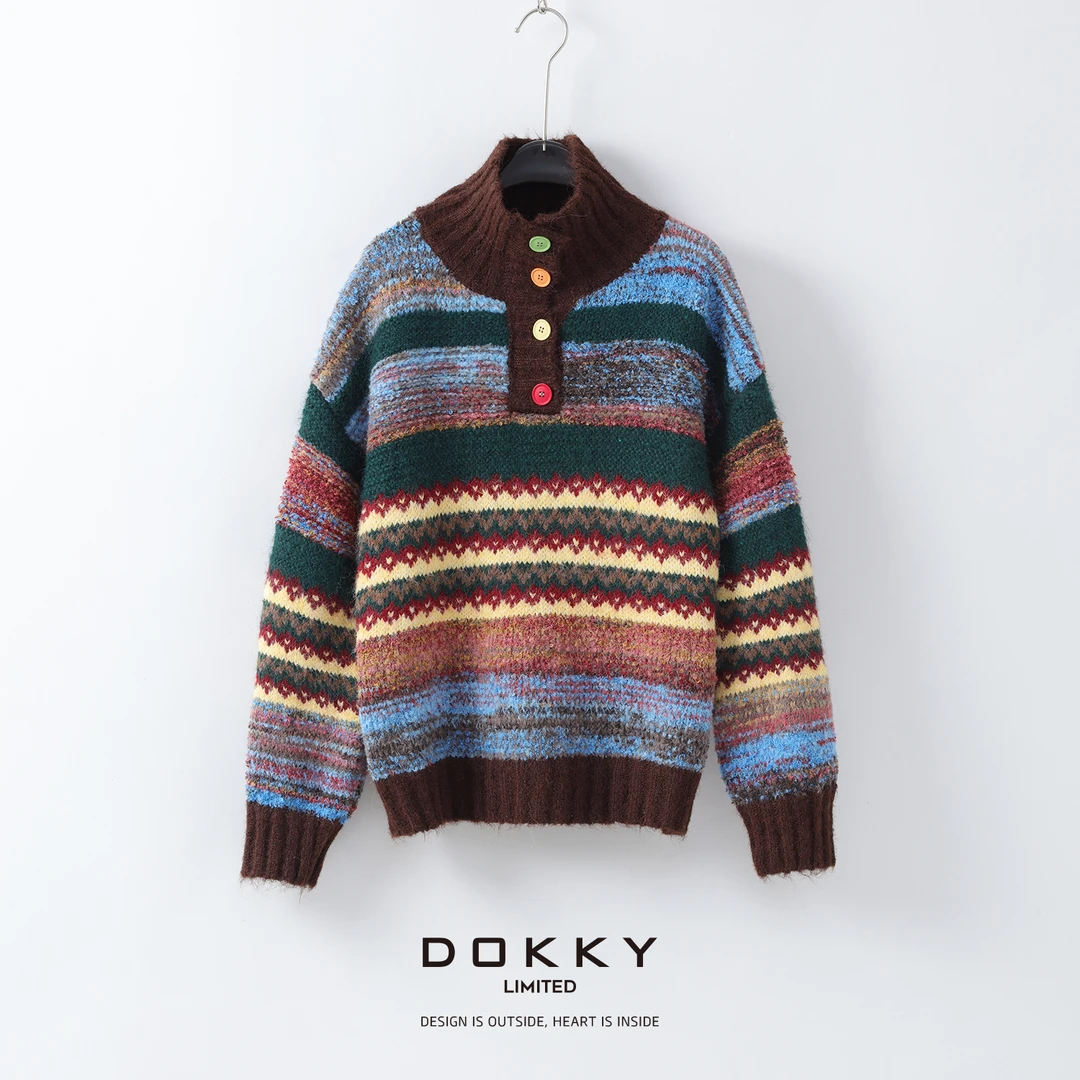 【限量尖货.北欧彩扣毛衣.紫标】DOKKY软糯绵羊毛复古提花高领毛衣
