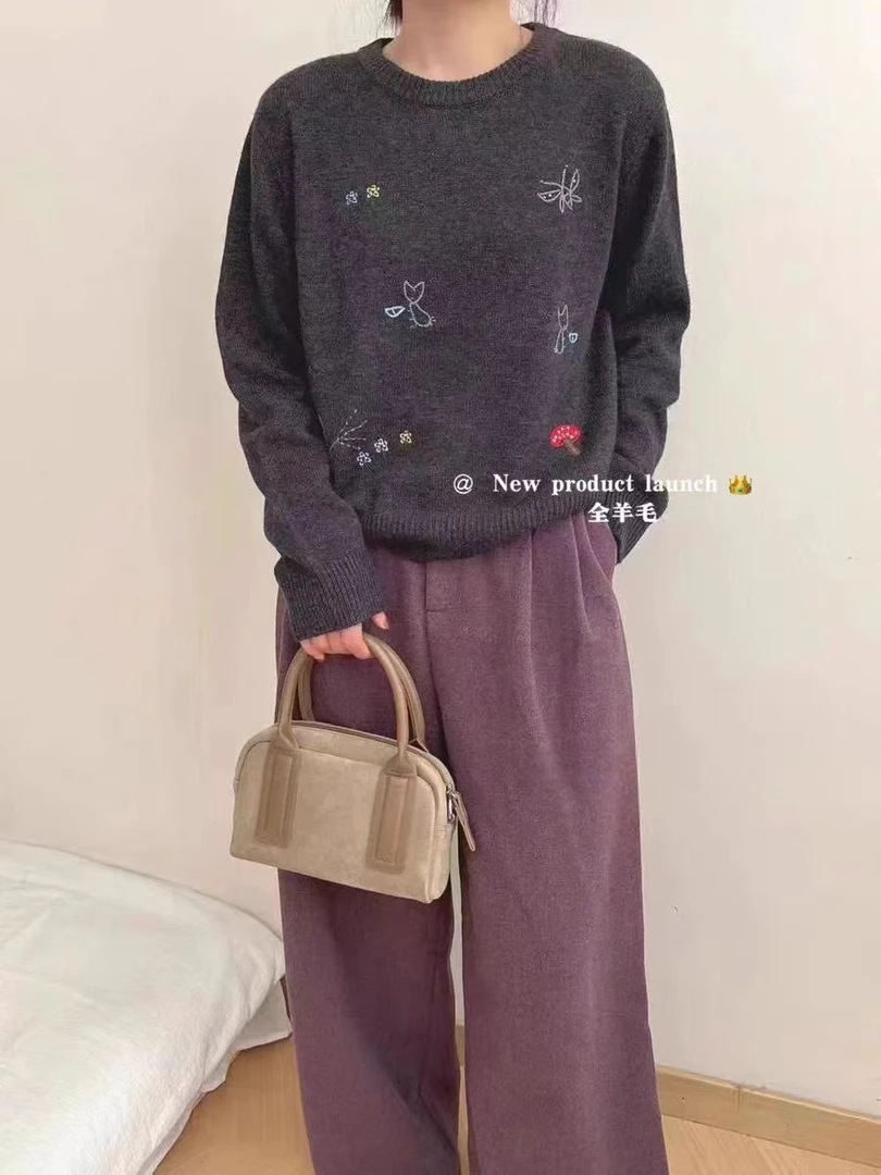 刺绣毛衣女套头百搭宽松洋气设计感针织衫6537（胸围102衣长60