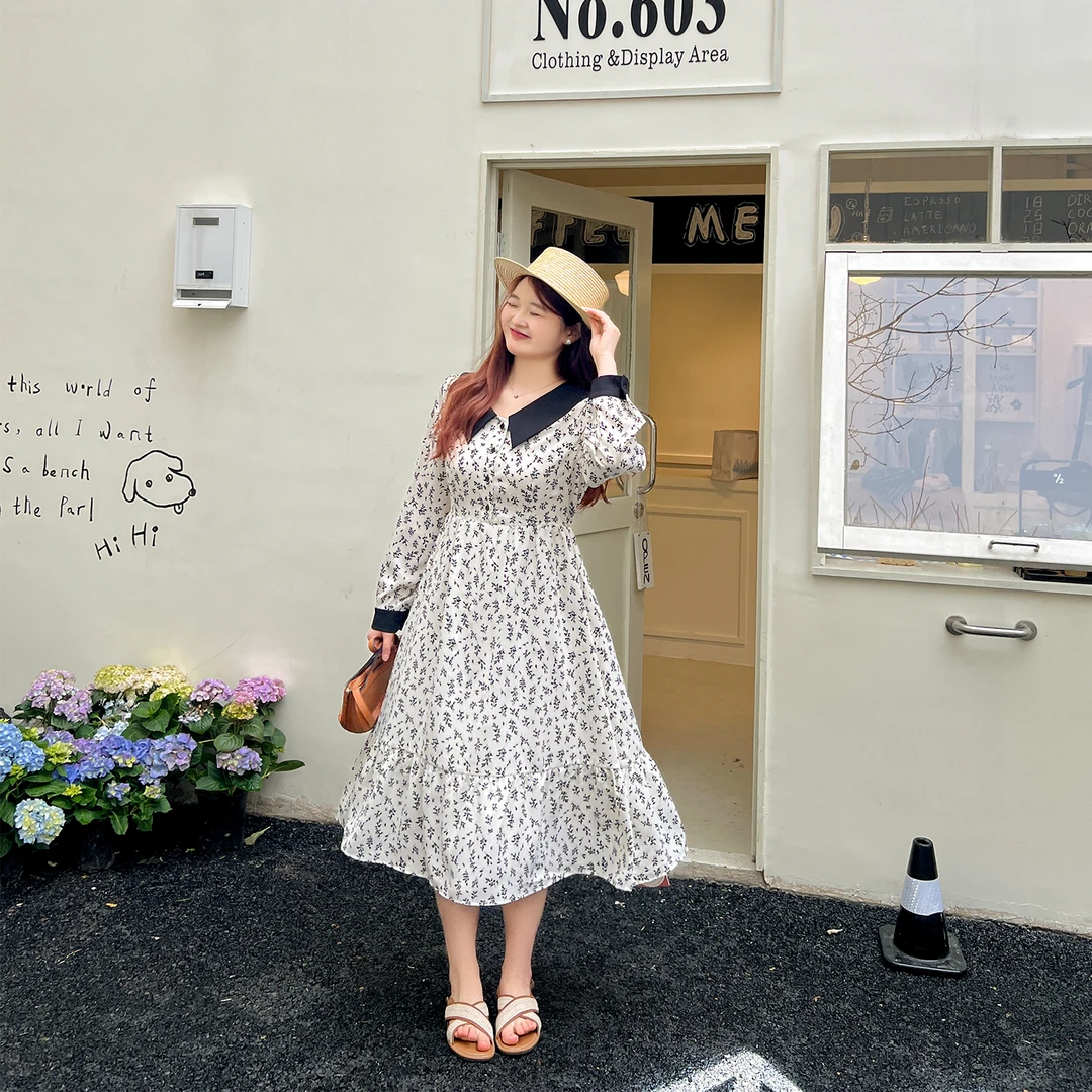 140-清大码百分百显瘦百搭收腰打底撞色领碎花连衣裙0291
