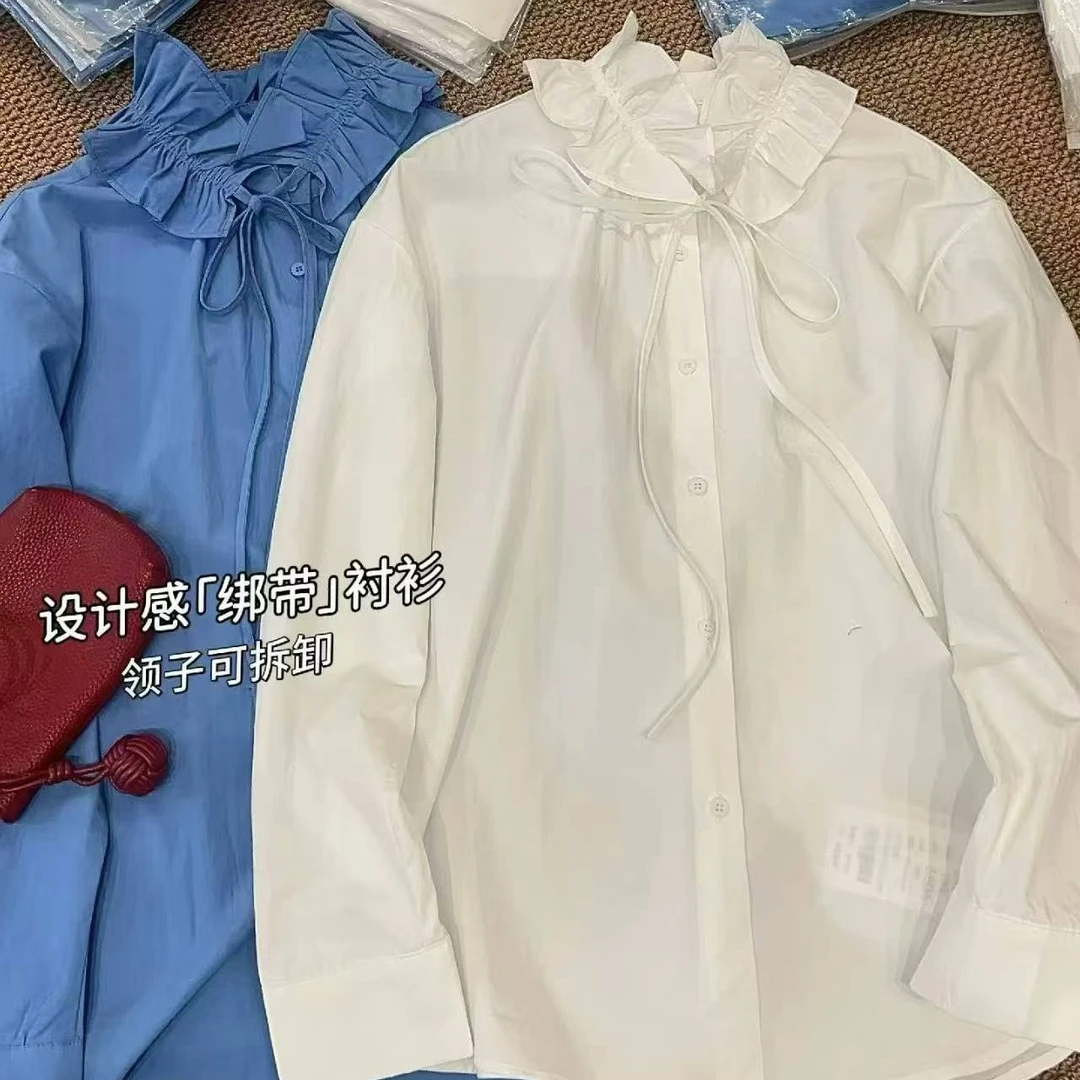 【胖瑶瑶】韩系小众设计感荷叶领长袖宽松休闲衬衫