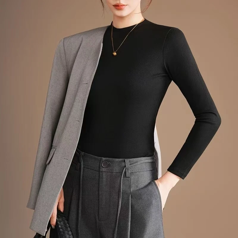 修身双面保暖长袖黑色半高领打底T恤针织百搭螺纹