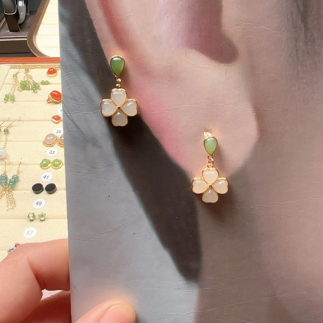 和田玉耳饰银S925镶嵌