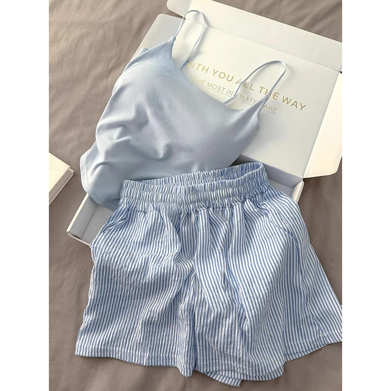 带胸垫睡衣女款夏季2025新款薄款吊带背心条纹短裤休闲家居服套装
