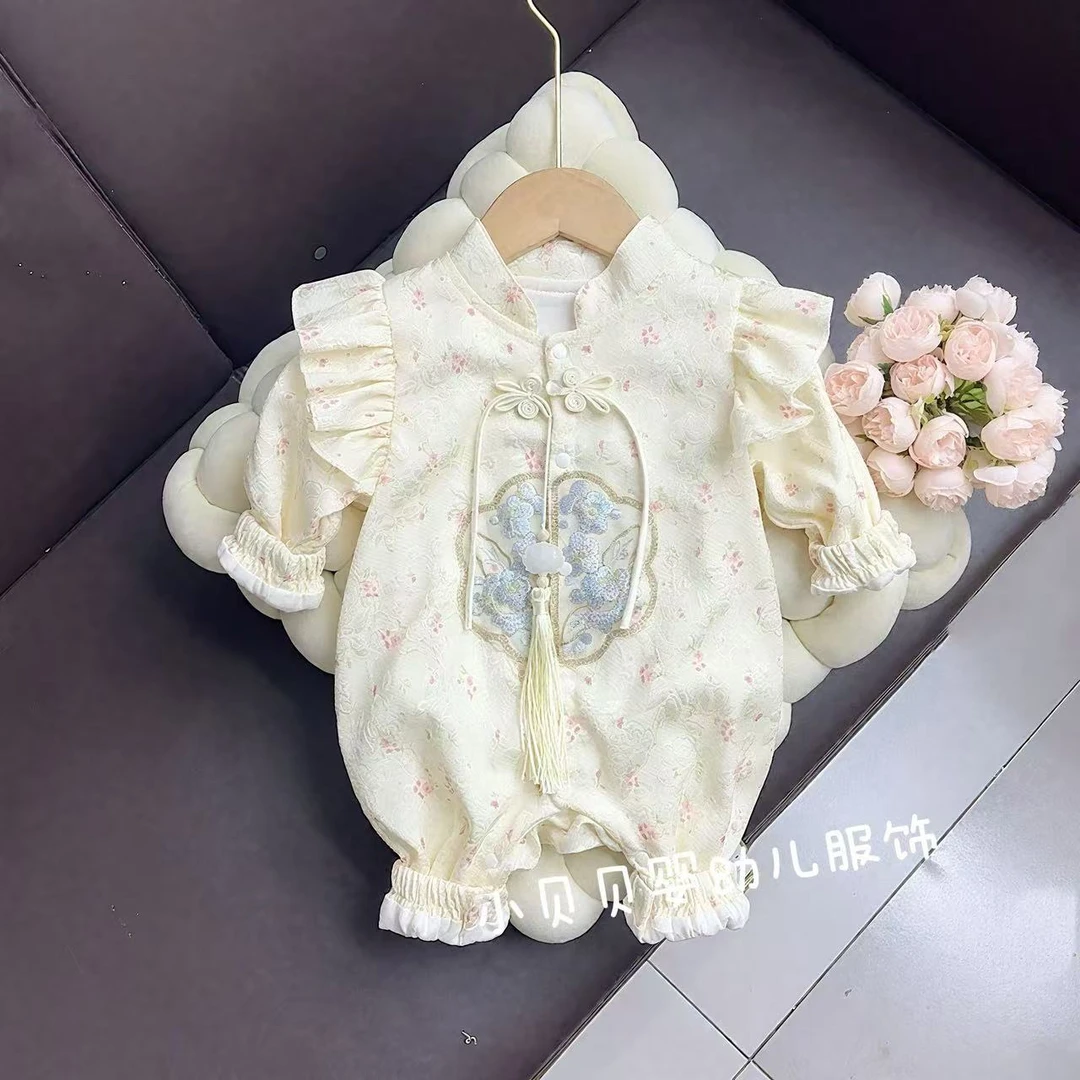中式婴儿衣服秋装新款古风汉服连体衣女宝宝满月百天周岁公主礼服