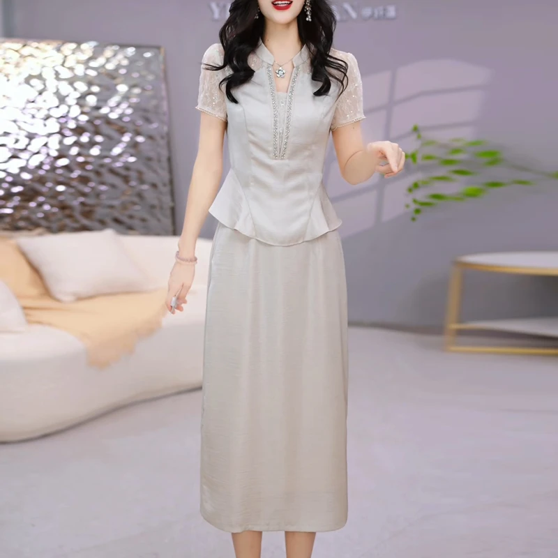 冰竹缎面料套装连衣裙女夏季2025年新款气质妈妈装上衣裙子两件套