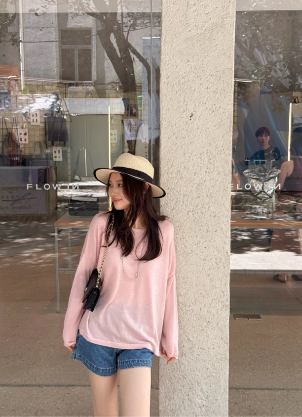 【翩翩】MEGANLE 天丝醋酸呼吸感微透针织长袖上衣2025146