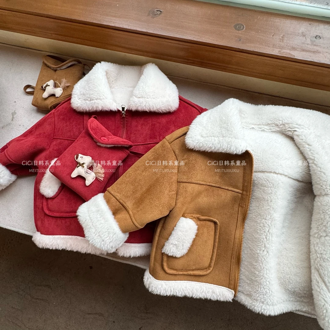 儿童一体绒冬季加绒加厚保暖外套拼接宽松男童韩版百搭棉服外套