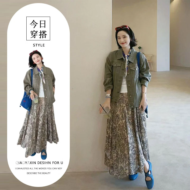 大方得体穿搭一整套复古风松弛感牛仔外套碎花半身裙巨好看的套装