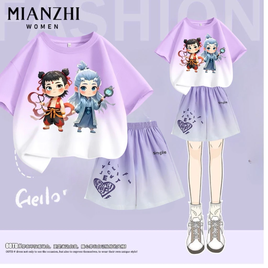 女童夏季套装2025新款哪吒儿童服装网红洋气女宝宝短袖两件套夏装