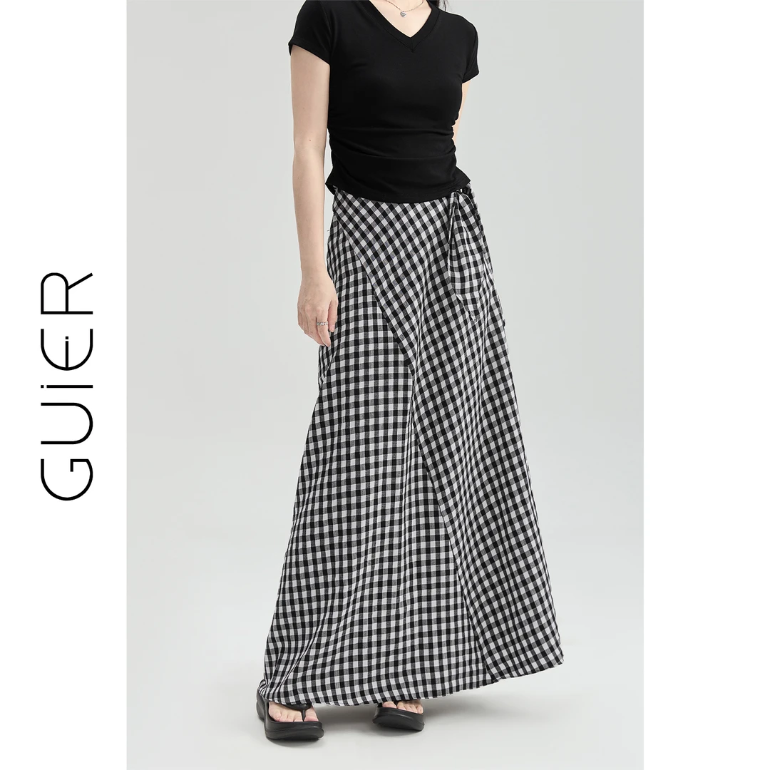 「GUIER」格子半身裙长款2025新款不规则拼接系带高腰a字裙G5656
