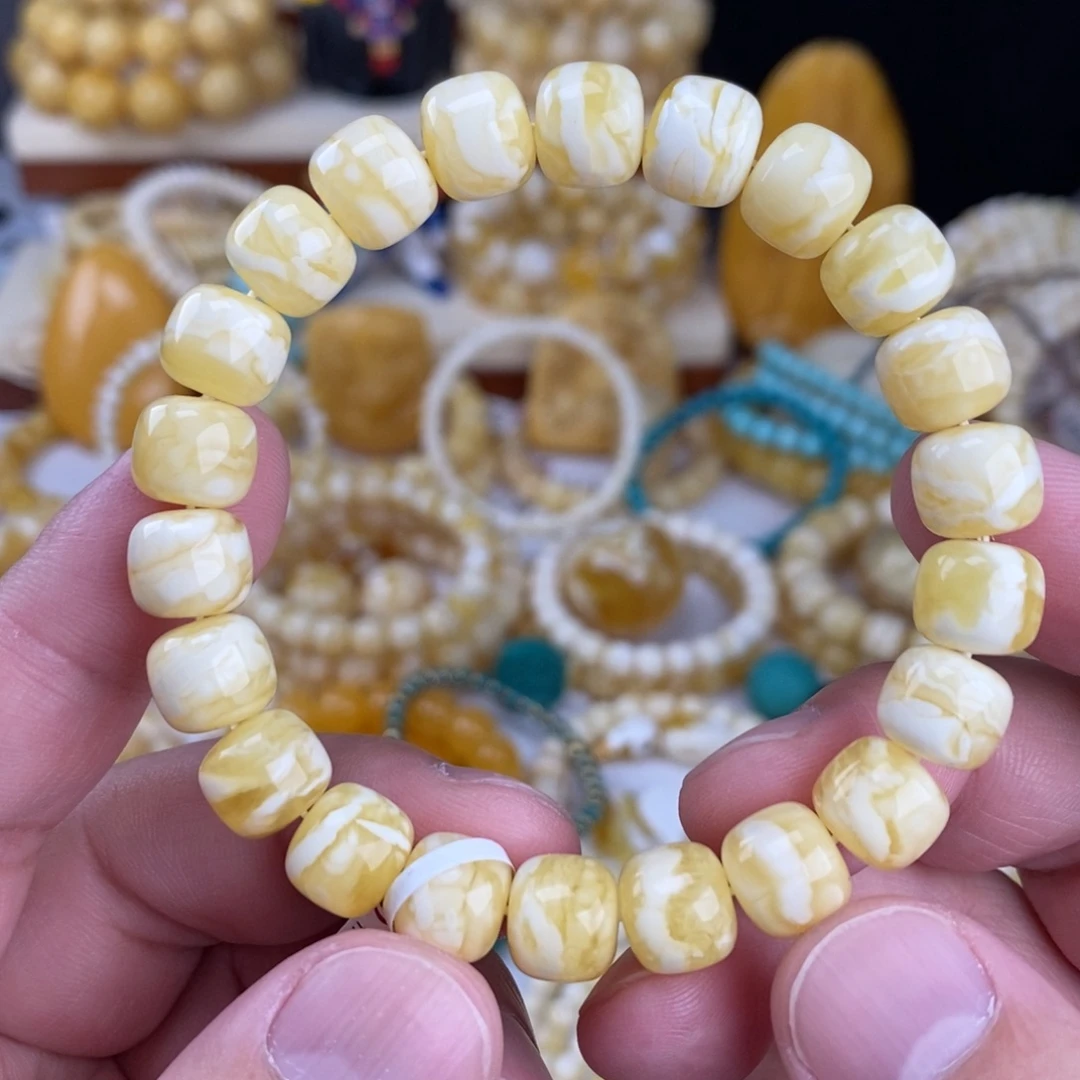 蜜蜡未镶嵌手链瓷白细纹虎皮纹10mm