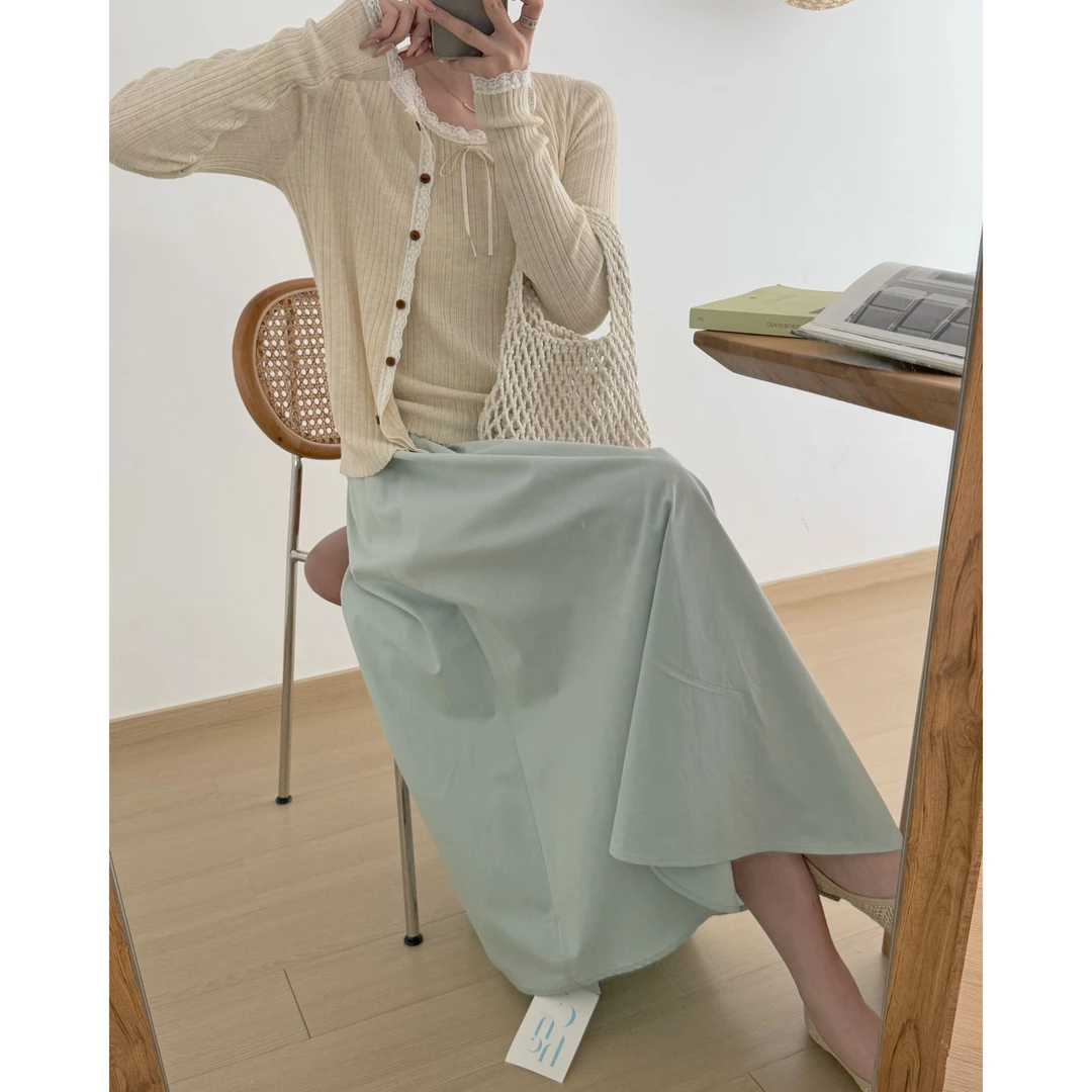 A276两件套装 甜美花边拼接长袖针织开衫+内搭背心2025年早春