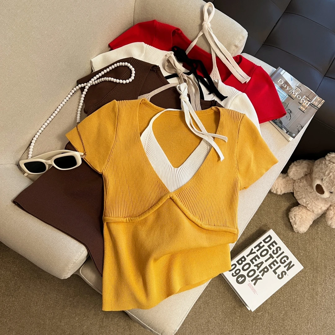 专柜撤回剪标挂脖假两件短袖针织衫女夏季新款设计感显瘦绝美上衣