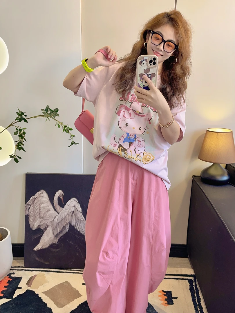 牛仔kt（无感印花）~小羊纸袋家宽松减龄加厚短袖T恤3818（90-150斤）