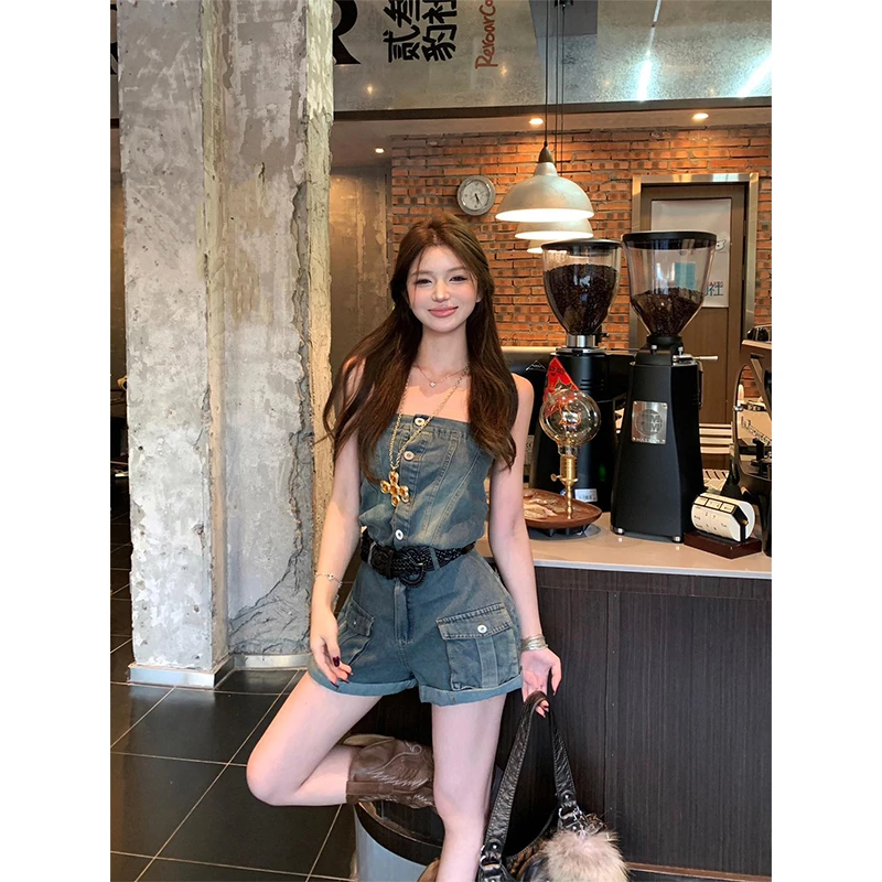 牛仔连衣裤女2025夏季新款美式辣妹风高级感抹胸背心短裤阔腿裤